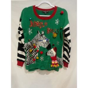 United States Sweater Small Ugly Jingle Bells Zebra Pom Poms Fringe
